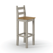 Two high breakfast bar stools featuring a warm wood finish and ergonomic design, perfect for kitchen island seating; dimensions: 107cm H x 38cm W x 39.8cm D; combined weight 13 kilograms.