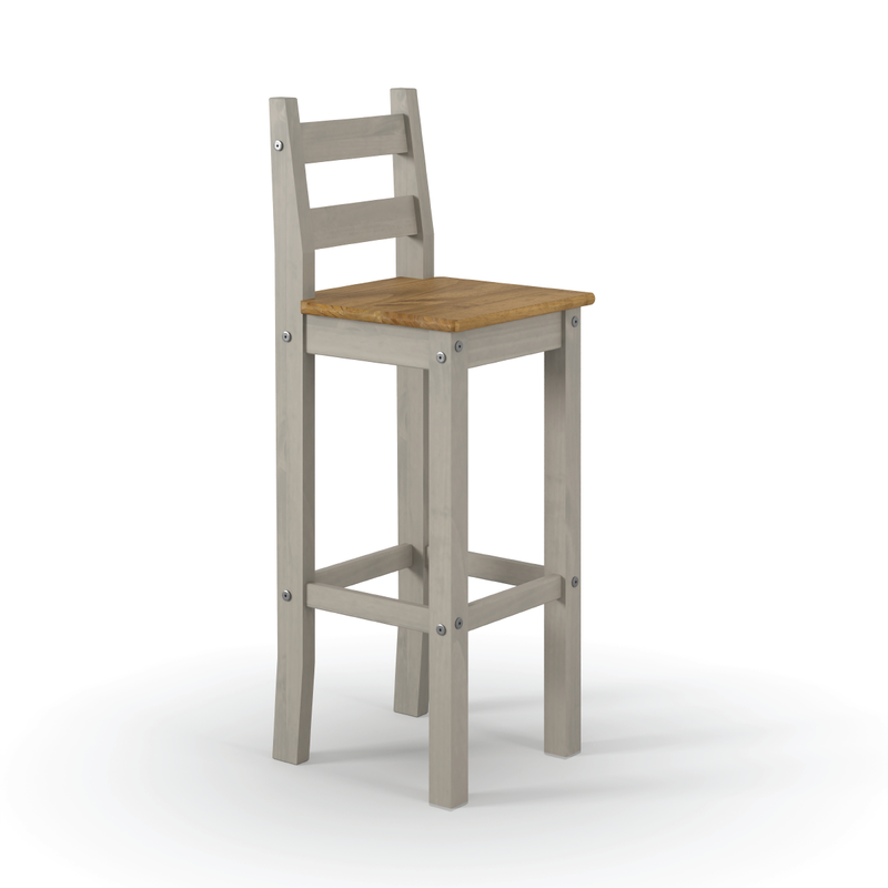 Two high breakfast bar stools featuring a warm wood finish and ergonomic design, perfect for kitchen island seating; dimensions: 107cm H x 38cm W x 39.8cm D; combined weight 13 kilograms.
