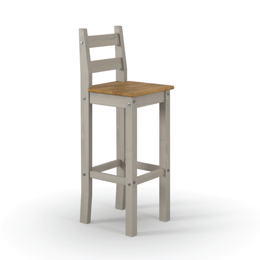 Two high breakfast bar stools featuring a warm wood finish and ergonomic design, perfect for kitchen island seating; dimensions: 107cm H x 38cm W x 39.8cm D; combined weight 13 kilograms.