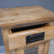 Stylish industrial bedside table featuring a rugged frame and functional storage, 65cm tall by 51cm wide by 40cm deep, 15.6kg.