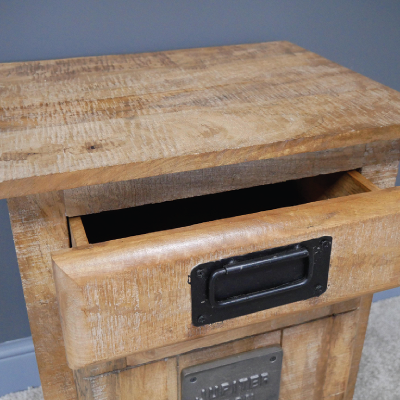Stylish industrial bedside table featuring a rugged frame and functional storage, 65cm tall by 51cm wide by 40cm deep, 15.6kg.