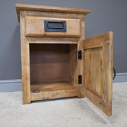 Durable industrial nightstand with clean lines and mixed materials, 65cm H x 51cm W x 40cm D, weighing 15.6kg.