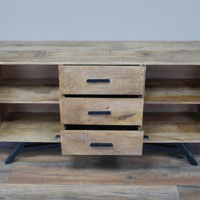 Functional industrial sideboard in a modern-rustic design, 77cm high by 145cm wide by 41cm deep, total weight 42.80kg.