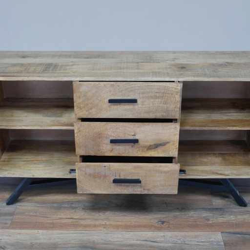 Functional industrial sideboard in a modern-rustic design, 77cm high by 145cm wide by 41cm deep, total weight 42.80kg.