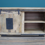 Functional industrial entertainment unit with minimalist hardware, 61cm tall by 110cm wide by 40cm deep, weighing 23.50kg.