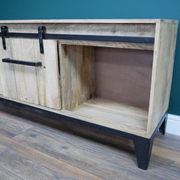 Wide media console in industrial design, featuring metal and wood finishes, 150cm wide, 67cm tall, 44cm deep, 38.70kg.