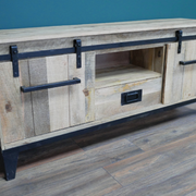 Modern-rustic industrial TV cabinet, 150cm wide with ample storage, 67cm high by 44cm deep, total weight 38.70kg.