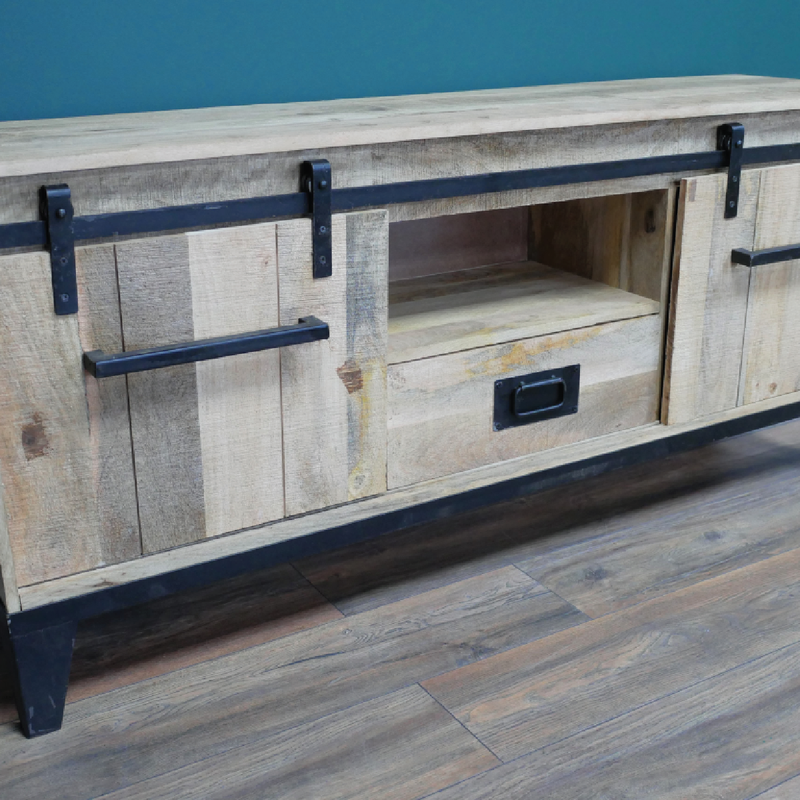 Modern-rustic industrial TV cabinet, 150cm wide with ample storage, 67cm high by 44cm deep, total weight 38.70kg.