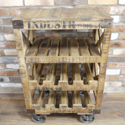 Rustic-modern wine trolley crafted from iron and wood, 88cm tall by 59cm wide by 41cm deep, total weight 28kg.