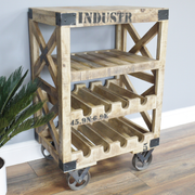 Functional industrial bar cart designed for wine storage and serving, 88 × 59 × 41cm, 28kg in weight.