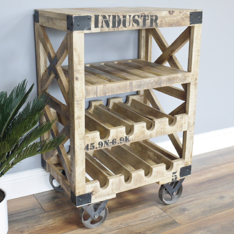 Functional industrial bar cart designed for wine storage and serving, 88 × 59 × 41cm, 28kg in weight.