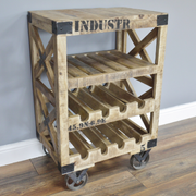 Heavy-duty wine storage trolley in industrial design, perfect for dining or living areas, dimensions 88 × 59 × 41cm, 28kg.