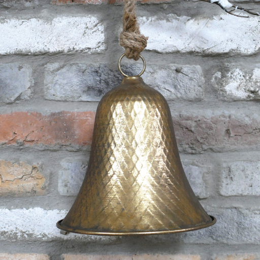 Rustic-chic hanging bell with visible surface detailing, 26 × 22 × 22cm, total weight 0.35kg, perfect for doorways or garden decor.