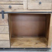 Rustic-modern industrial sideboard crafted for living or dining rooms, 82cm high by 179cm wide by 40cm deep, 66.2kg.