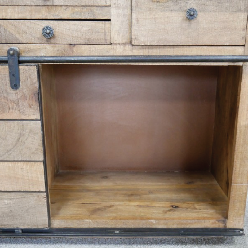 Rustic-modern industrial sideboard crafted for living or dining rooms, 82cm high by 179cm wide by 40cm deep, 66.2kg.