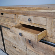 Large industrial media or storage console featuring metal and wood elements, 179cm wide, 82cm high, 40cm deep, 66.2kg.