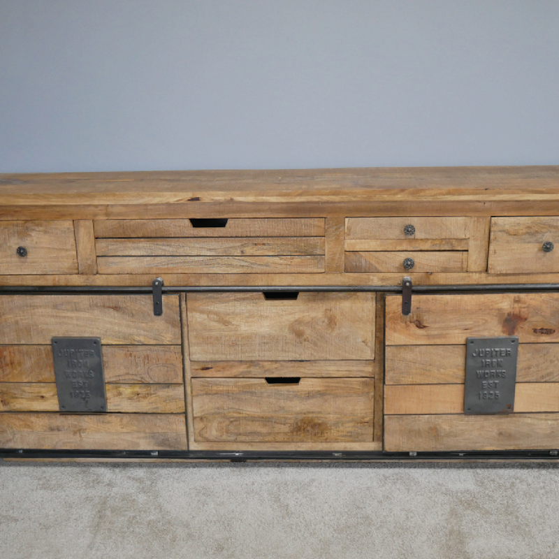 Stylish industrial sideboard with ample surface area and storage, dimensions 82 × 179 × 40cm, weighing 66.2kg.