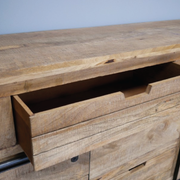 Industrial-chic sideboard perfect for displaying or storing, 179cm wide, 82cm high, 40cm deep, 66.2kg in weight.
