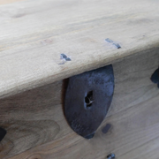Sturdy mango wood and iron trunk coffee table with two lift-top doors, 116cm wide, 44cm tall, 44cm deep, 28.60kg.