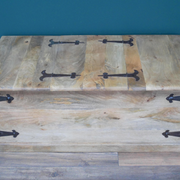 Functional large coffee table with trunk design, two top-opening doors, constructed from mango wood and iron, weight 28.60kg, dimensions 44cm H x 116cm W x 44cm D.