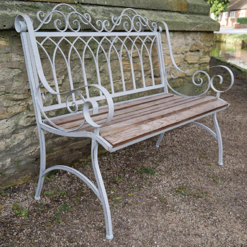 Contemporary tall bench with iron frame and fir wood top, designed for indoor use or sheltered outdoor spaces, 13.2kg, 98cm H x 114cm W x 57cm D.
