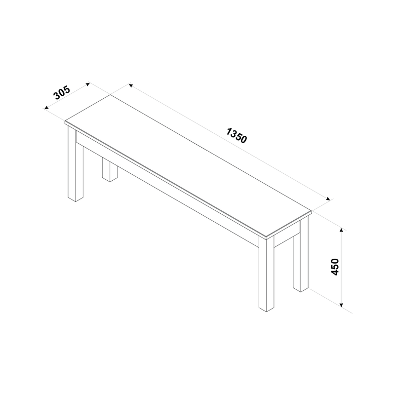 Solid wooden Linea bench designed specifically for 1500mm tables, combining comfort and contemporary style; measures 45cm tall, 135cm wide, and 30cm deep; total weight 8.5kg.