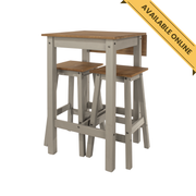Compact Linea breakfast set with a drop-leaf table (60cm closed, 100cm extended) and two high stools, perfect for cozy kitchen corners; table height 100cm, depth 60cm; total weight 23kg.