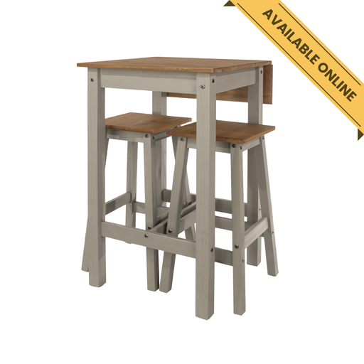 Compact Linea breakfast set with a drop-leaf table (60cm closed, 100cm extended) and two high stools, perfect for cozy kitchen corners; table height 100cm, depth 60cm; total weight 23kg.