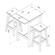Space-saving dining set featuring a Linea drop-leaf table and two matching high stools, ideal for small kitchens; dimensions: 100cm H × 60/100cm W × 60cm D; weighs 23 kilograms.