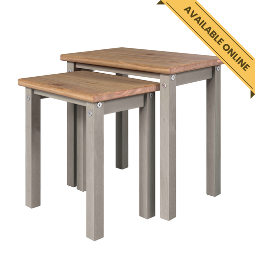 Pair of nesting tables with a clean, contemporary design and natural wood finish; height 51.1cm, width 53cm, depth 35cm; total weight 11.5kg.