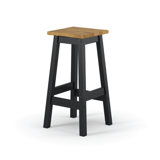 Two rustic breakfast bar stools crafted from solid wood with organic live-edge tops, offering warmth and character; dimensions: 72cm H x 33.5cm W x 33.5cm D; weight 11.5kg.