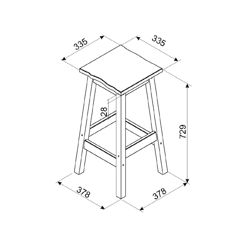Set of two high stools with live-edge wooden seats, blending natural texture and sturdy design for bar or island seating; measures 72cm tall, 33.5cm wide, 33.5cm deep; 11.5kg.