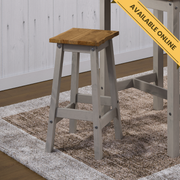 Pair of high wooden stools with natural live-edge seats, adding organic texture and warmth to breakfast bars or high tables; height 72cm, width 33.5cm, depth 33.5cm; total weight 11.5kg.