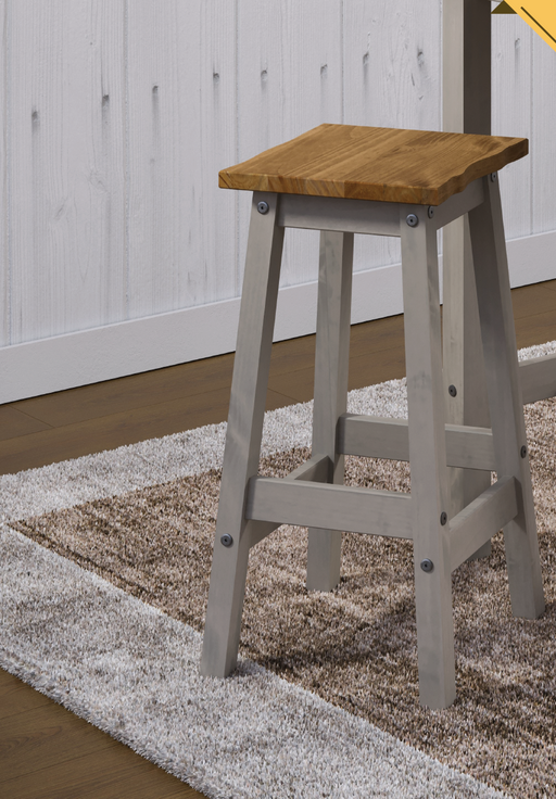 Pair of high wooden stools with natural live-edge seats, adding organic texture and warmth to breakfast bars or high tables; height 72cm, width 33.5cm, depth 33.5cm; total weight 11.5kg.