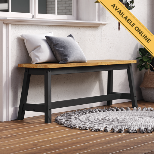 Large solid timber dining bench with a natural live-edge finish and robust legs; height 45.5cm, width 122.5cm, depth 31.5cm; weight 11kg.