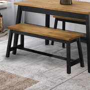 Hand-finished wooden bench featuring raw-edge detailing and sturdy construction, ideal for dining spaces; dimensions: 45.5cm H x 122.5cm W x 31.5cm D; weighs 11 kilograms.