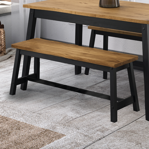 Hand-finished wooden bench featuring raw-edge detailing and sturdy construction, ideal for dining spaces; dimensions: 45.5cm H x 122.5cm W x 31.5cm D; weighs 11 kilograms.