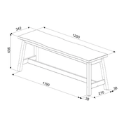 Spacious dining bench crafted from solid timber, showcasing natural raw-edge character and hand-finished quality; measures 45.5cm high, 122.5cm wide, 31.5cm deep; 11kg.