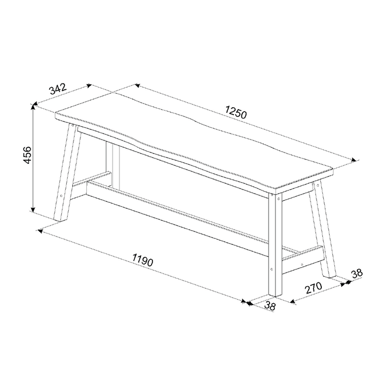 Spacious dining bench crafted from solid timber, showcasing natural raw-edge character and hand-finished quality; measures 45.5cm high, 122.5cm wide, 31.5cm deep; 11kg.