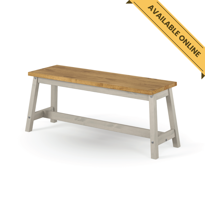 Large rustic dining bench with a live-edge top that highlights natural wood grain and organic contours; height 45.5cm, width 122.5cm, depth 31.5cm; weight 11kg.