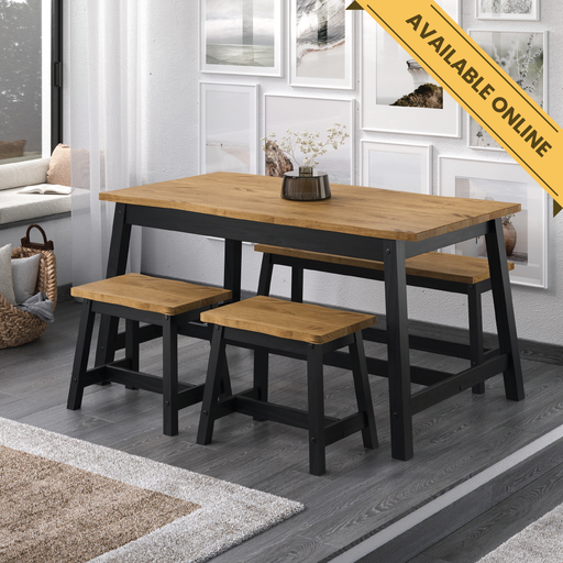 Live-edge dining set featuring a large solid wood table and two matching stools, perfect for open-plan living; table dimensions: height 76cm, width 150cm, depth 80cm; total weight 27kg.