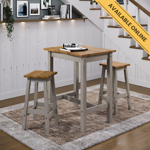 Spacious high breakfast bar set with a live-edge rectangular table and two matching stools, showcasing dramatic natural wood grain; table dimensions: height 100cm, width 65cm, depth 100cm; total weight 31kg.