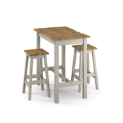 Striking live-edge dining ensemble featuring a tall solid timber table and two bar stools, ideal for open-plan kitchens; measures 100cm H × 65cm W × 100cm D; combined weight 31 kilograms.