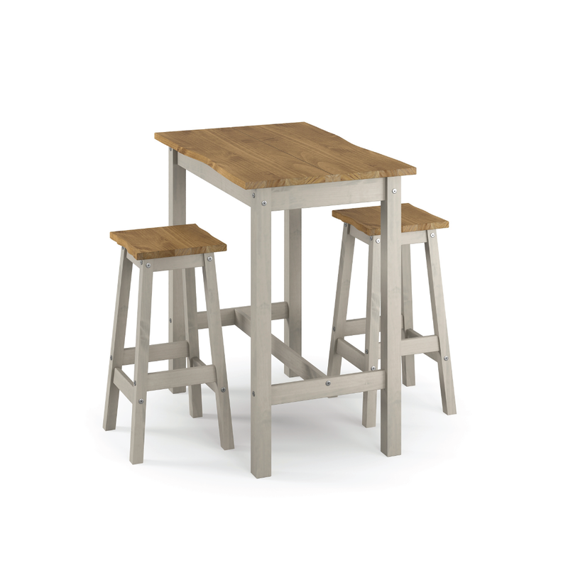 Striking live-edge dining ensemble featuring a tall solid timber table and two bar stools, ideal for open-plan kitchens; measures 100cm H × 65cm W × 100cm D; combined weight 31 kilograms.