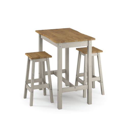 Striking live-edge dining ensemble featuring a tall solid timber table and two bar stools, ideal for open-plan kitchens; measures 100cm H × 65cm W × 100cm D; combined weight 31 kilograms.