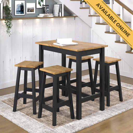 Spacious high breakfast bar set with a live-edge rectangular table and two matching stools, showcasing natural wood contours; table dimensions: height 100cm, width 65cm, depth 100cm; total weight 31kg.