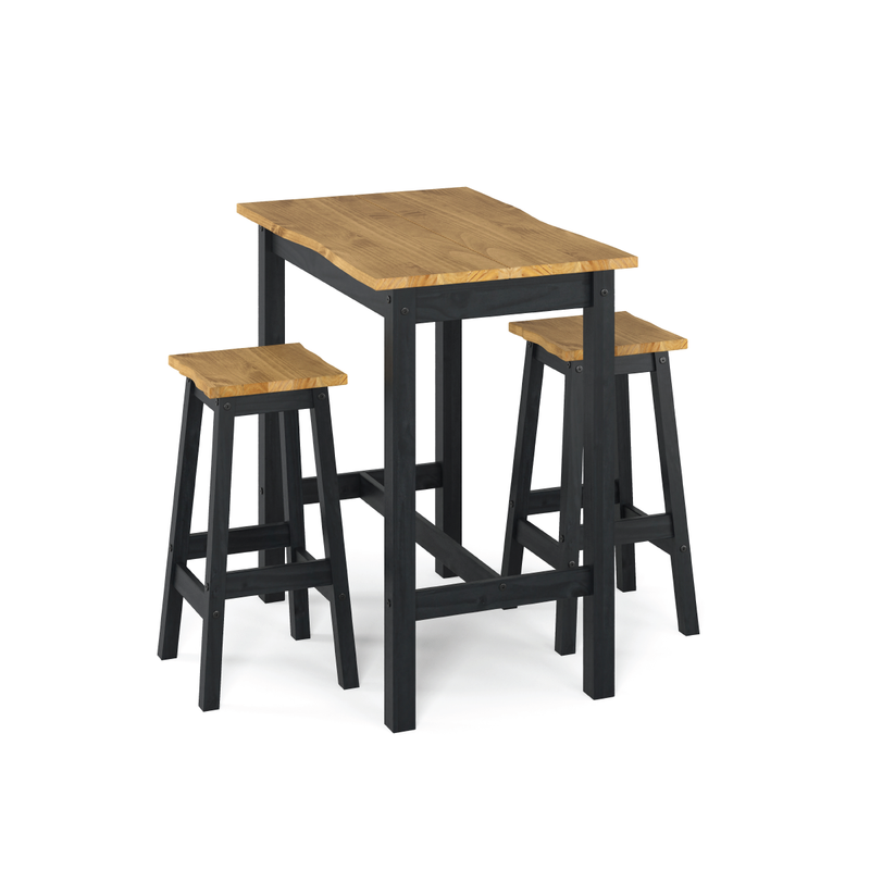 Large live-edge bar table paired with two stools, offering a generous surface and organic rustic style; measures 100cm tall, 65cm wide, and 100cm deep; combined weight 31 kilograms.