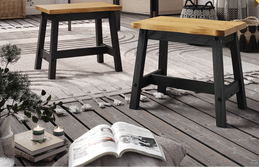 Pair of single solid wood benches featuring natural live-edge contours and handcrafted detailing; each measures 45.5cm H x 52.5cm W x 31.5cm D; total weight 10kg.