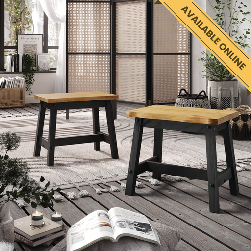 Pair of single solid wood benches featuring natural live-edge contours and handcrafted detailing; each measures 45.5cm H x 52.5cm W x 31.5cm D; total weight 10kg.