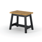 Set of two handcrafted single benches showcasing raw-edged timber and natural wood grain; size per unit: 45.5cm tall, 52.5cm wide, 31.5cm deep; total weight 10 kilograms.